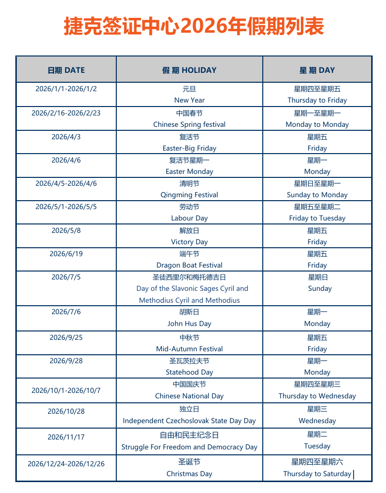 捷克签证中心2026年放假时间安排